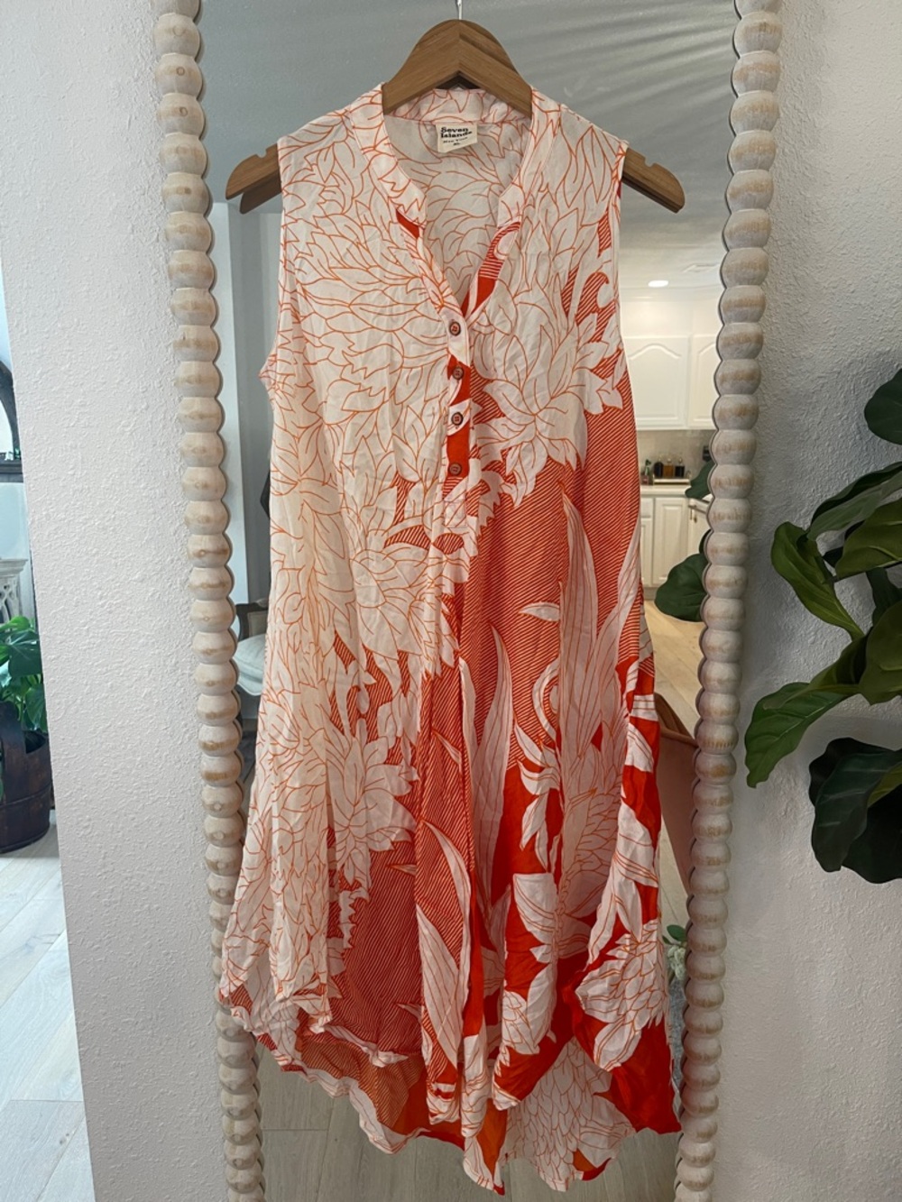 Seven Islands Sleeveless Asymmetrical Floral Button-Front Dress - Orange/White S